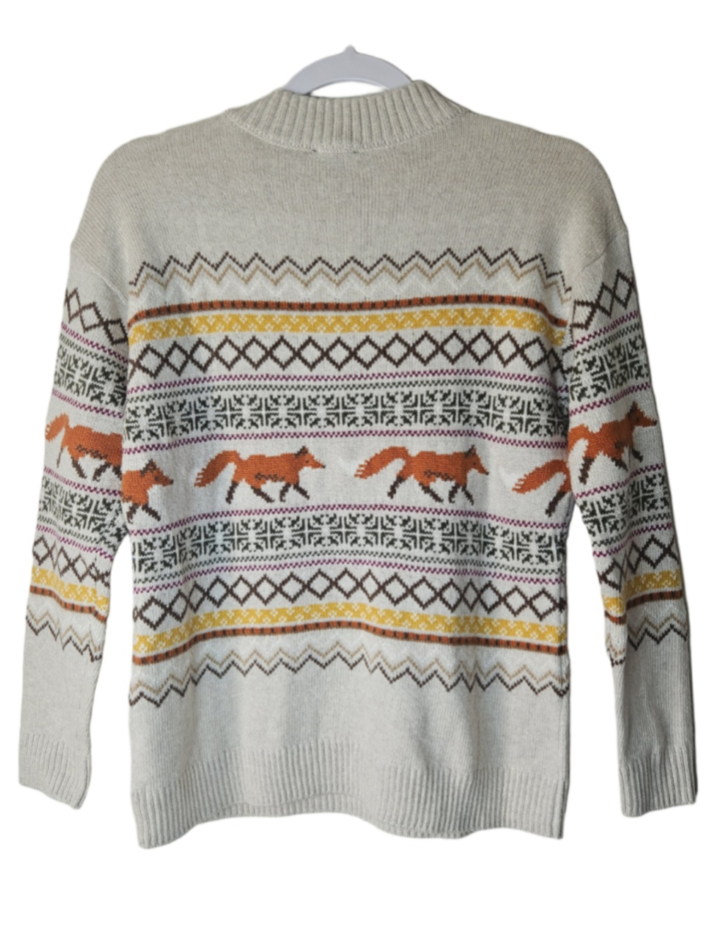 Talbots Petite Fox Fair Isle Button Shoulder Crewneck Sweater Beige Orange Fall - Picture 3 of 8